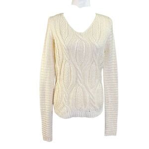 Cream Cable Knit Sweater L Women Soft Textured Pullover Lace Up Back Winter Chic